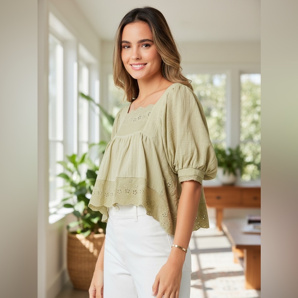 Oliveaceous light olive eyelet Lace Women's Top puff sleeves blouse Sz S new